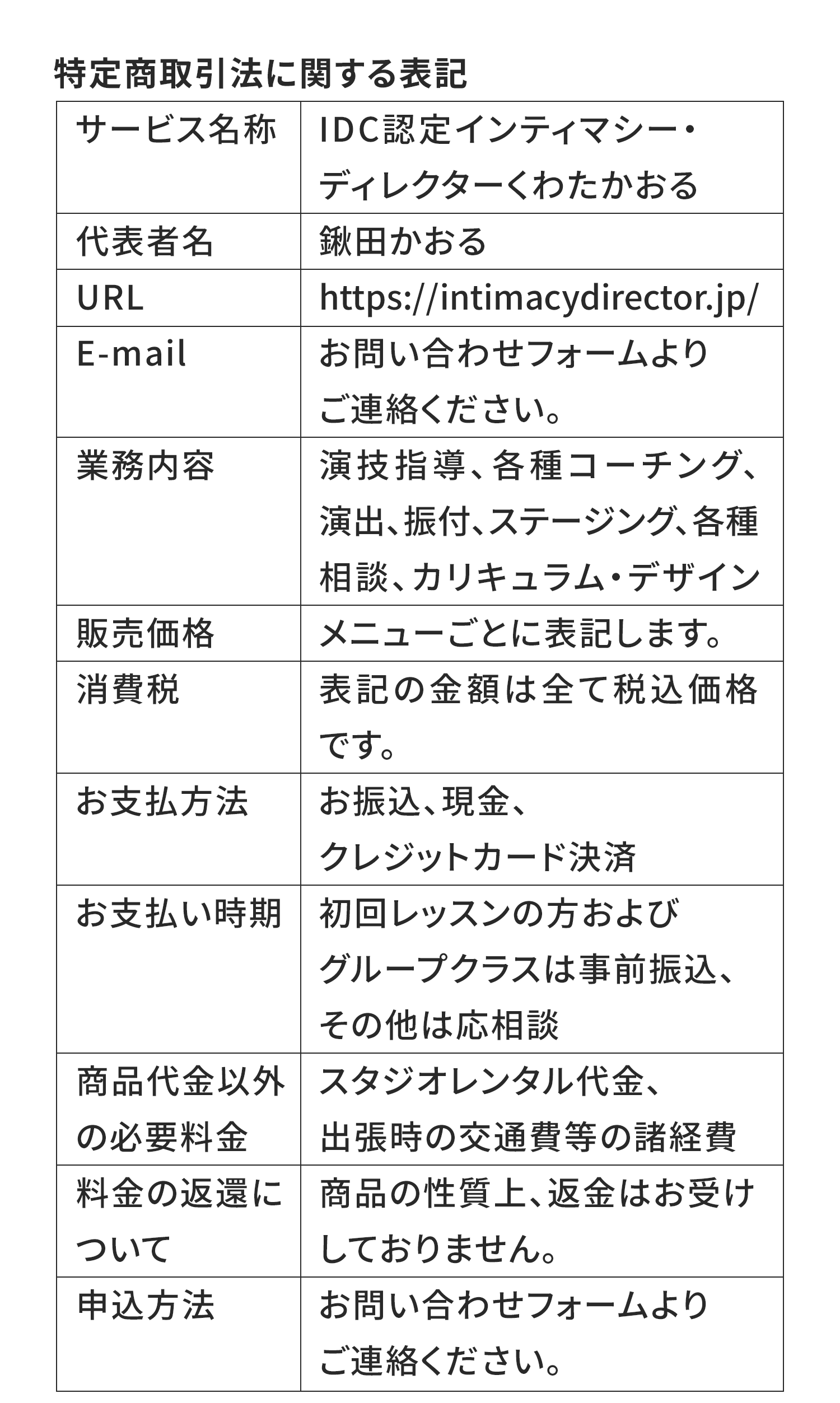 特定商取引法に関する表記
サービス名称	Intimacy Director Kaoru Kuwata
代表者名	鍬田かおる
URL	https://intimacydirector.jp/
E-mail	お問い合わせフォームよりご連絡ください。
業務内容	演技指導、各種コーチング、演出、振付、ステージング、各種相談、カリキュラム・デザイン
販売価格	メニューごとに表記します。
消費税	表記の金額は全て税込価格です。
お支払方法	お振込、現金、クレジットカード決済
お支払い時期	初回レッスンの方およびグループクラスは事前振込、その他は応相談
商品代金以外の必要料金	スタジオレンタル代金、出張時の交通費等の諸経費
料金の返還について	商品の性質上、返金はお受けしておりません。
申込方法	お問い合わせフォームよりご連絡ください。